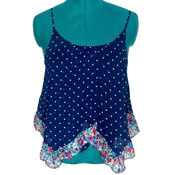 Abercrombie & Fitch sheer polka dotted tank top w/ flower  trim size m navy blue - Picture 1 of 6